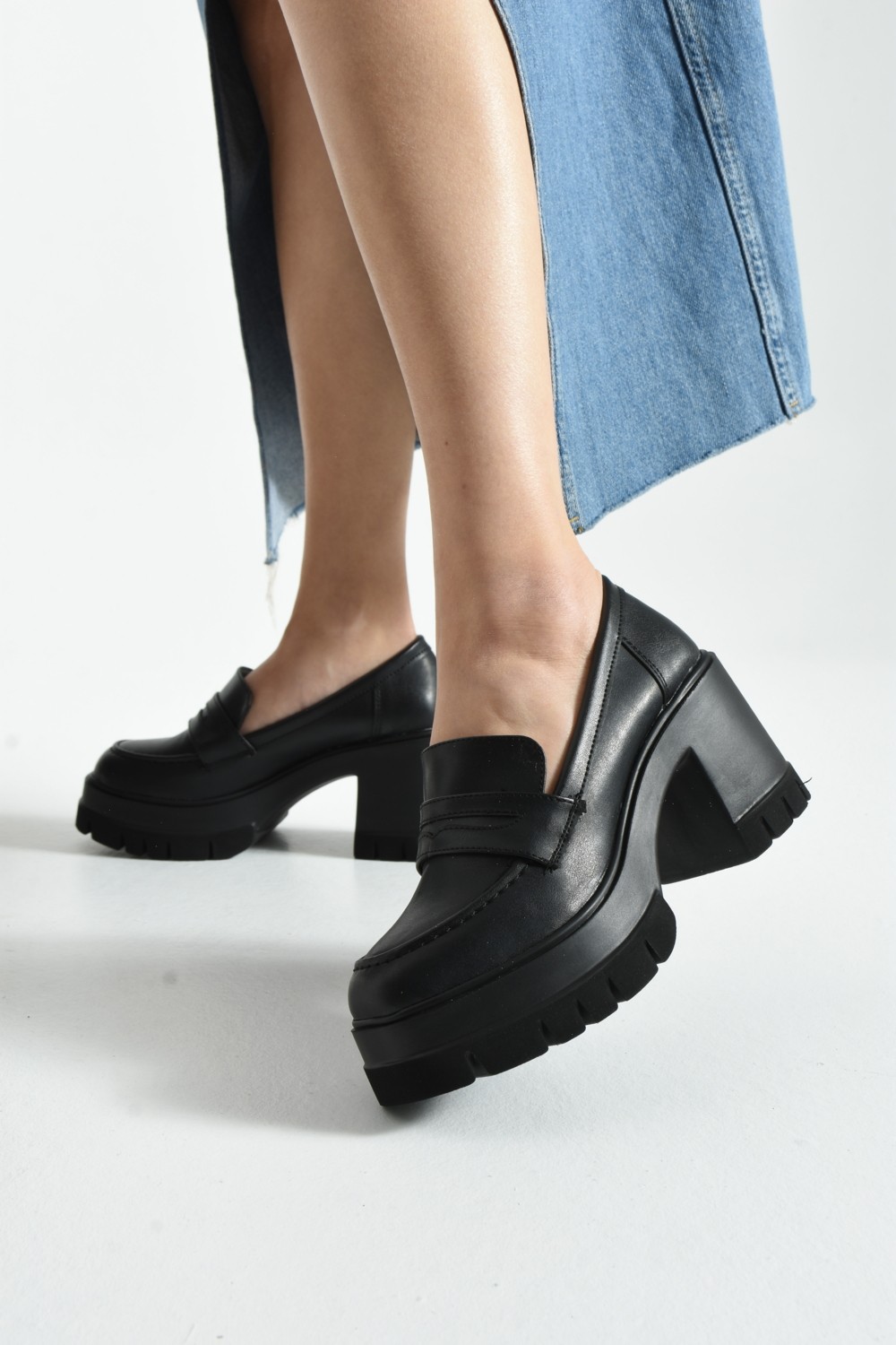 Dabab Shoes Loftia Kadın Siyah Cilt Chunky Yüksek Taban 9 cm Kalın Topuklu Loafer Ayakkabı görsel 2