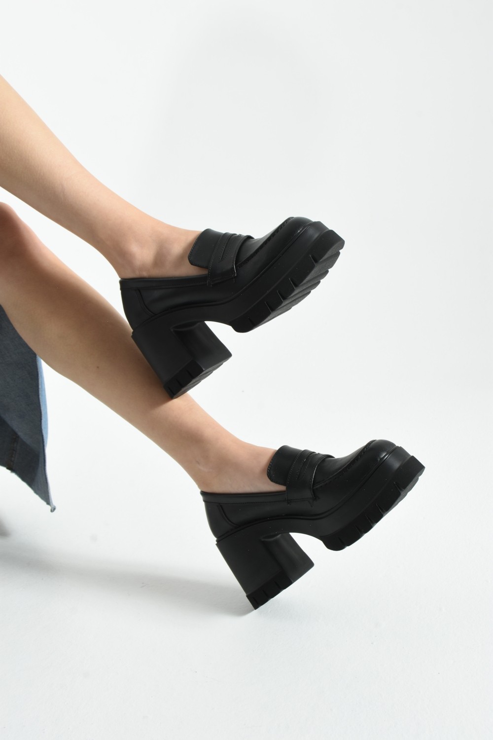 Dabab Shoes Loftia Kadın Siyah Cilt Chunky Yüksek Taban 9 cm Kalın Topuklu Loafer Ayakkabı görsel 3