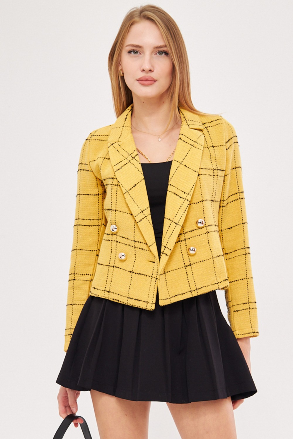 Armonika Kadın Turuncu-Siyah Kruvaze Yaka Tüvit Crop Ceket ARM-24K001014