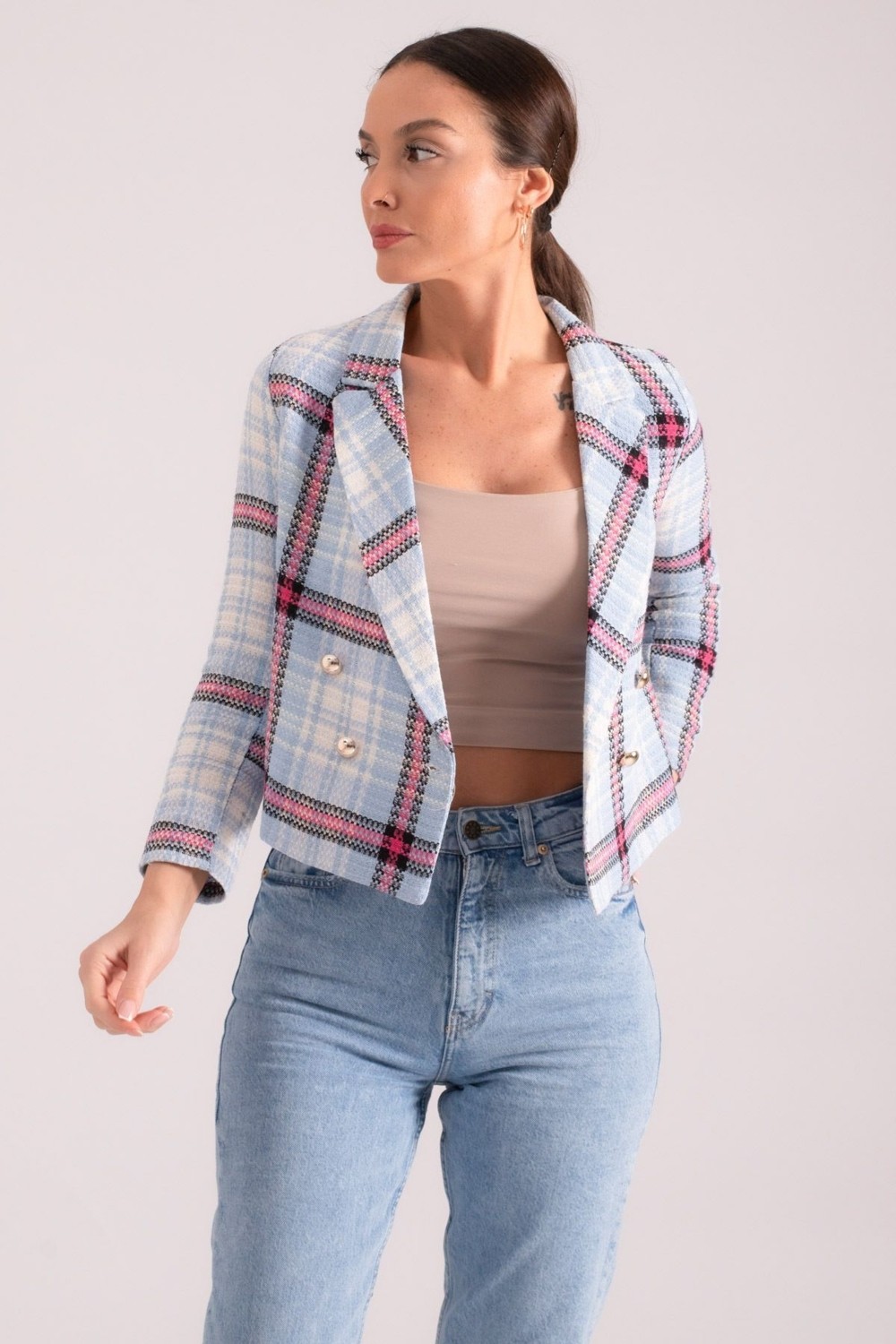 Armonika Kadın Turuncu-Siyah Kruvaze Yaka Tüvit Crop Ceket ARM-24K001014 görsel 5