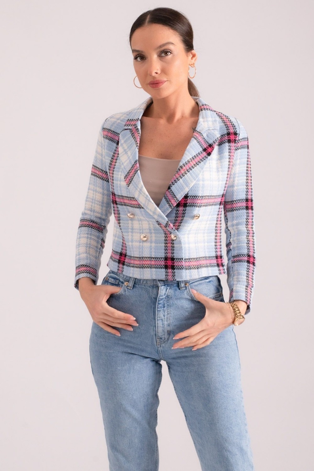 Armonika Kadın Turuncu-Siyah Kruvaze Yaka Tüvit Crop Ceket ARM-24K001014 görsel 6
