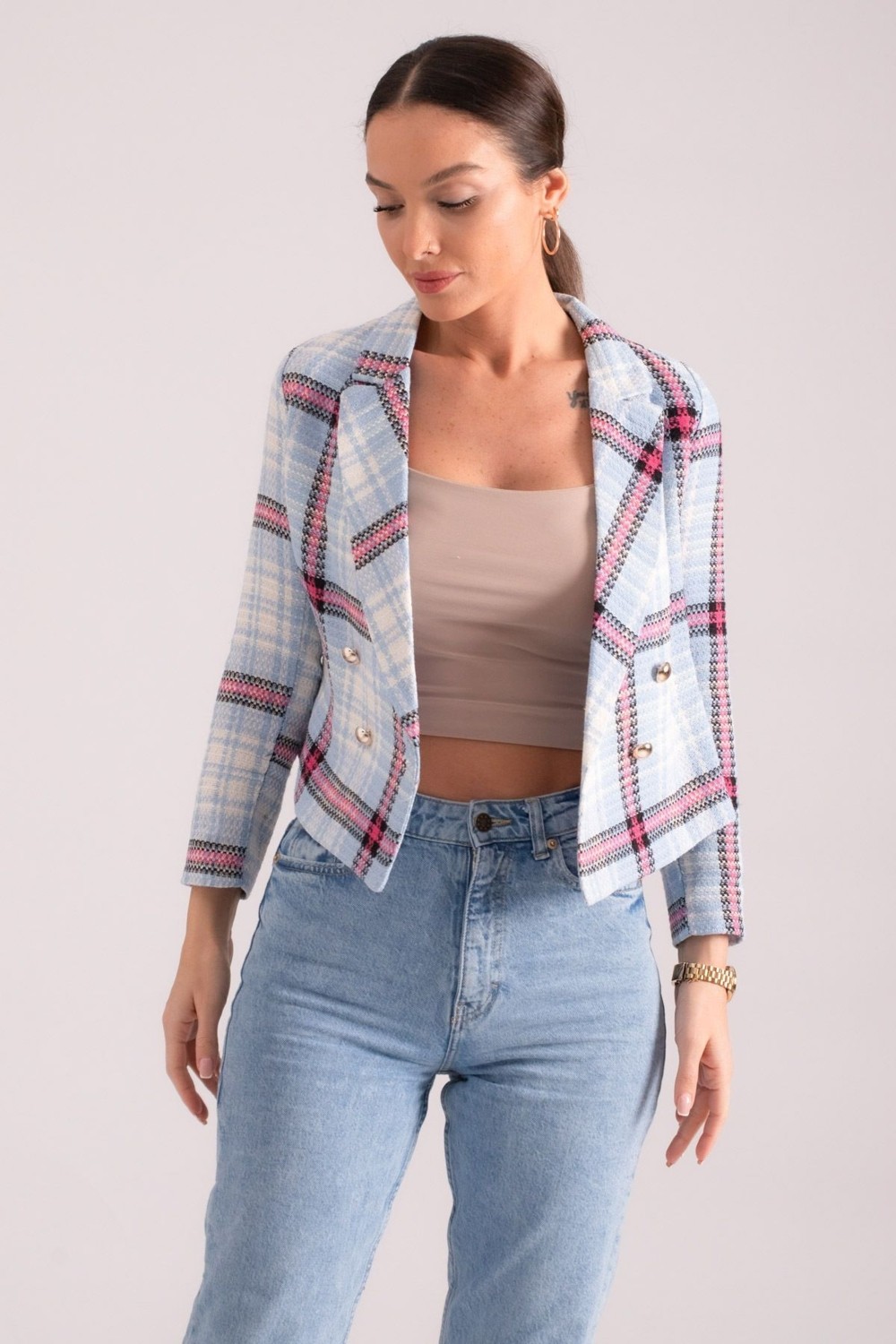 Armonika Kadın Turuncu-Siyah Kruvaze Yaka Tüvit Crop Ceket ARM-24K001014 görsel 7