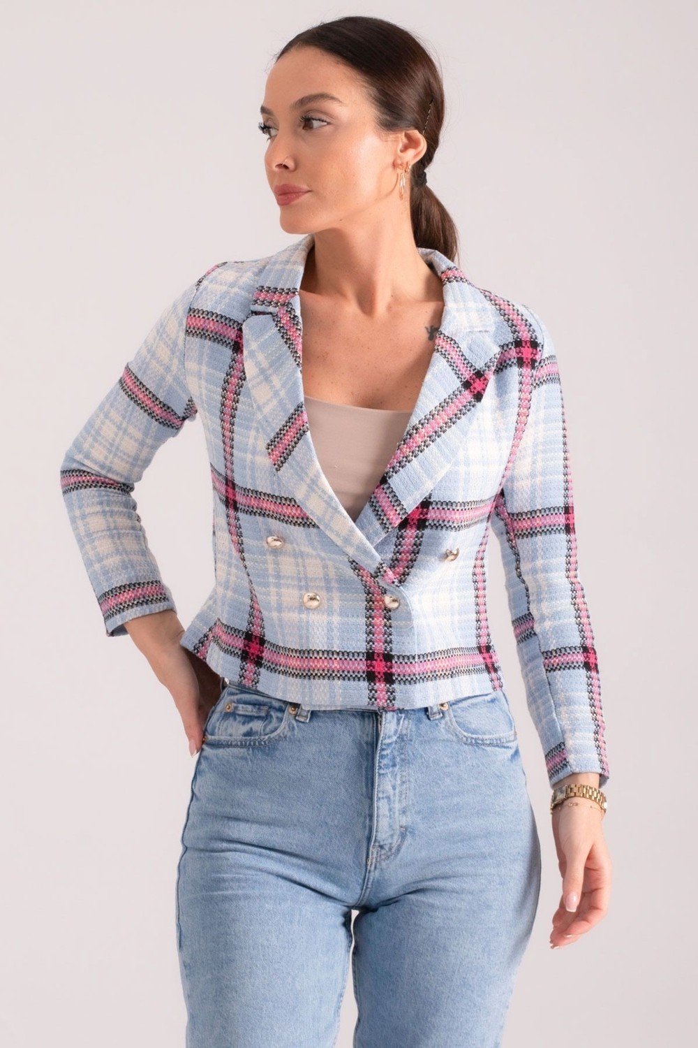Armonika Kadın Turuncu-Siyah Kruvaze Yaka Tüvit Crop Ceket ARM-24K001014 görsel 8