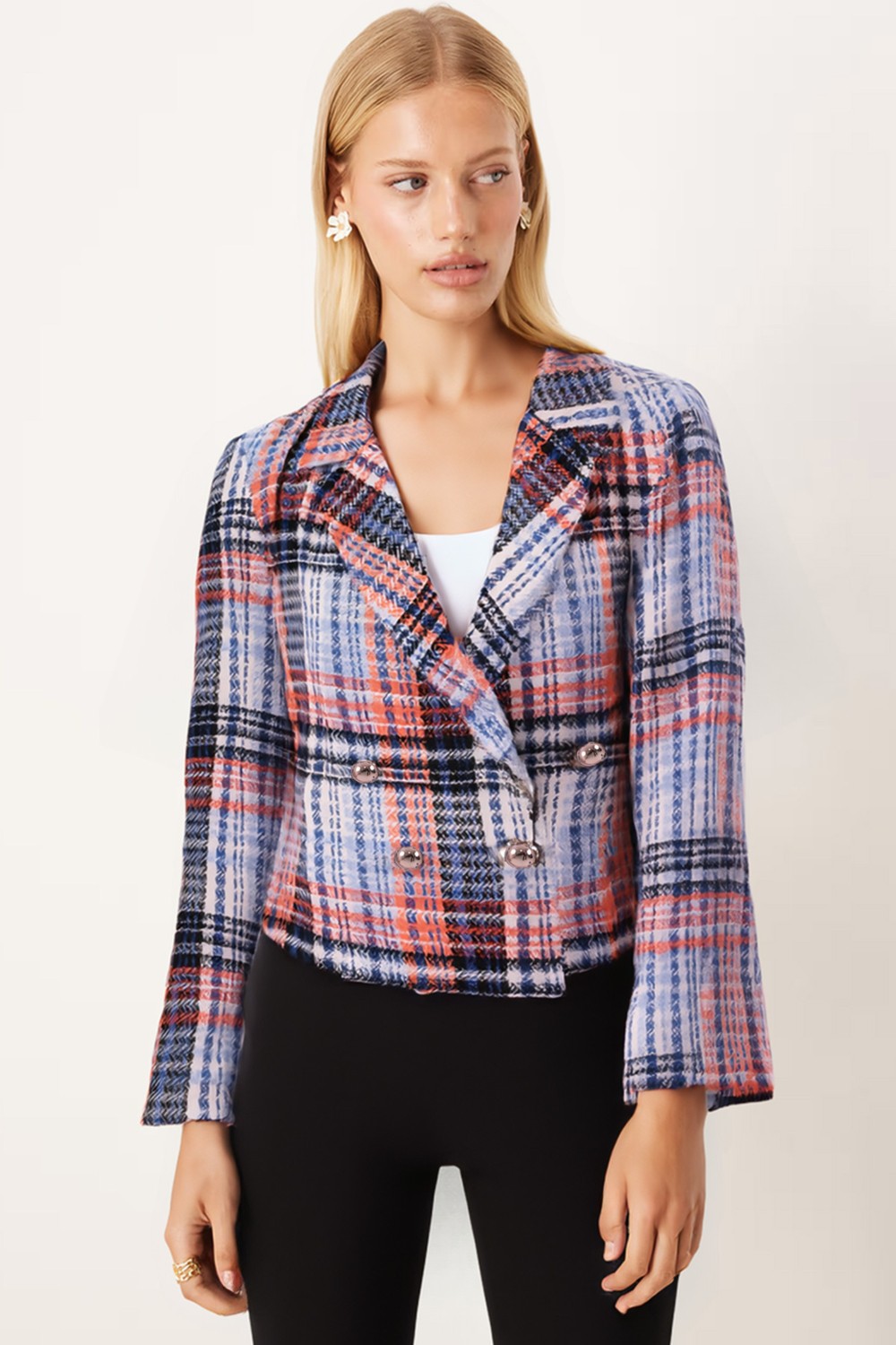 Armonika Kadın Turuncu-Siyah Kruvaze Yaka Tüvit Crop Ceket ARM-24K001014 görsel 2