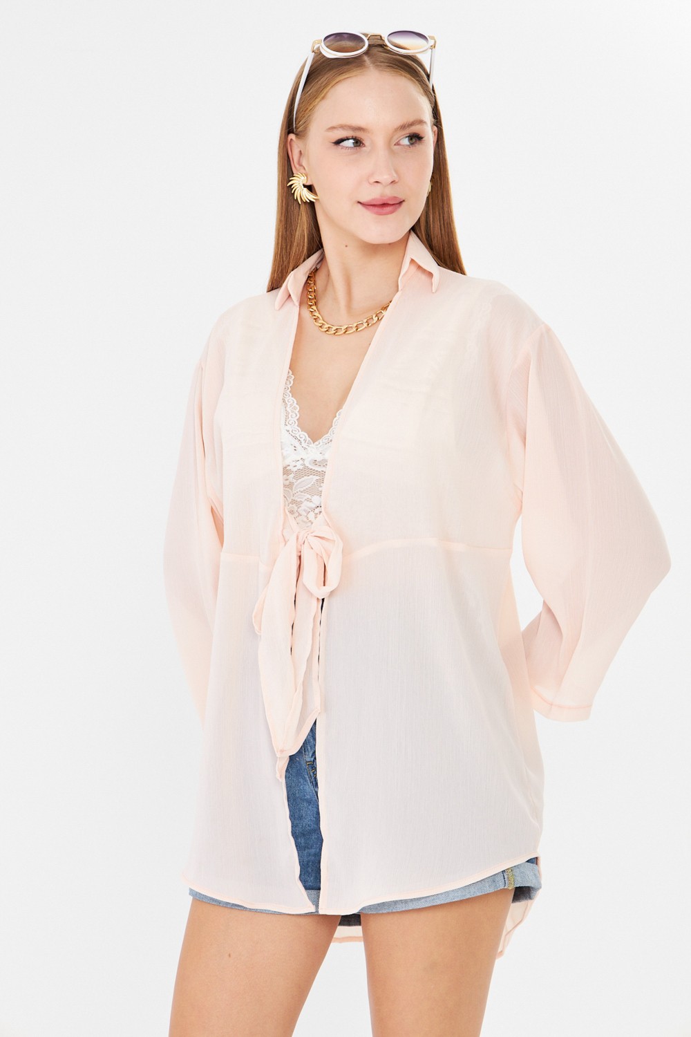 Armonika Kadın Fıstık Yeşili Kendinden Çizgili Önden Bağlamalı Kimono Gömlek ARM-24Y001101 görsel 2