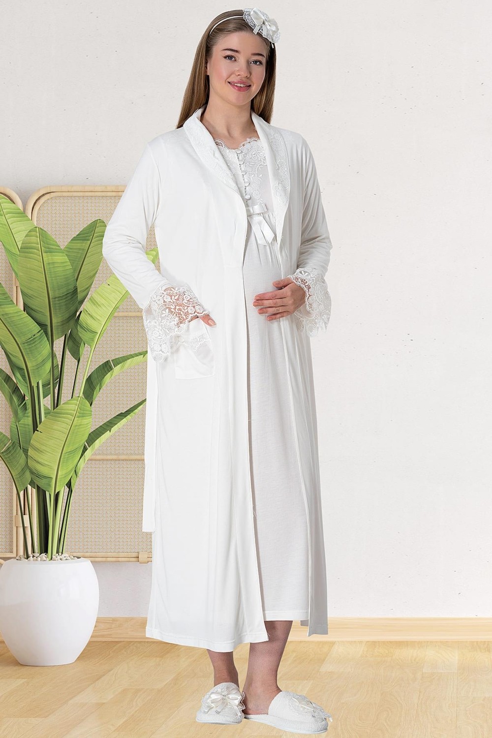 Mecit Pijama Mecit 5417 Ekru Uzun Sabahlıklı Lohusa Gecelik Takımı