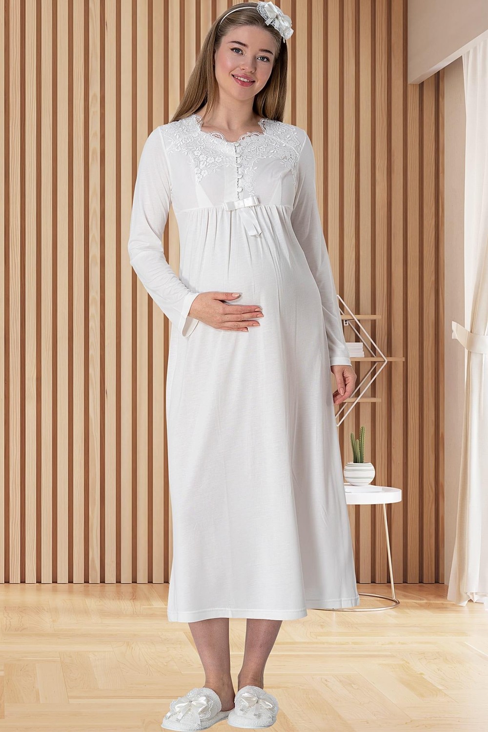 Mecit Pijama Mecit 5417 Ekru Uzun Sabahlıklı Lohusa Gecelik Takımı görsel 2