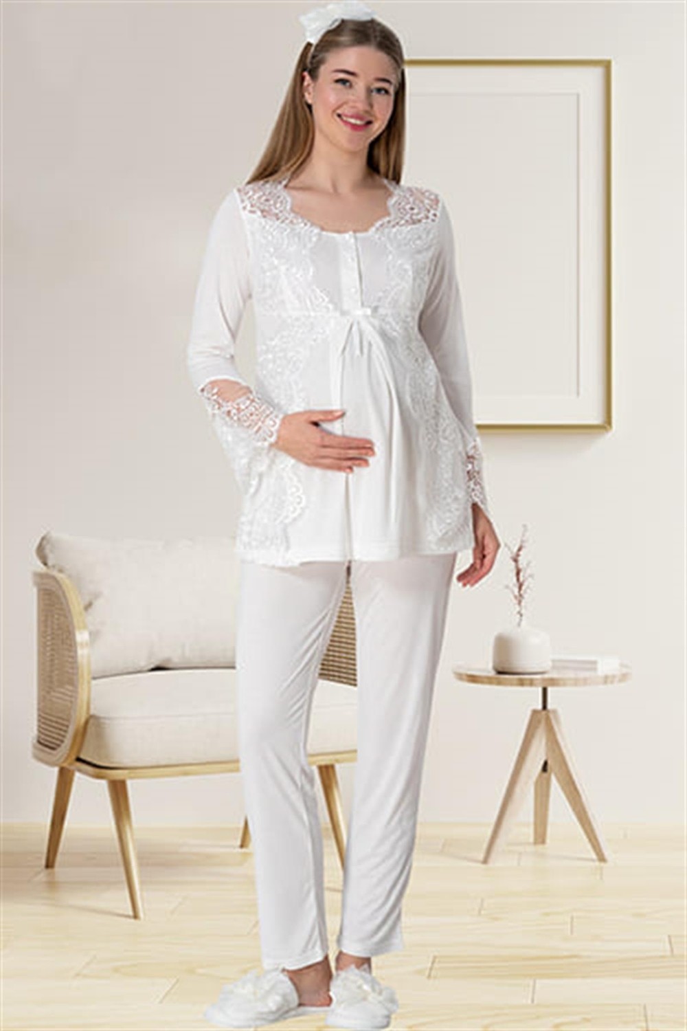 Mecit Pijama Mecit 5015 Dantelli Ekru Lohusa Pjama Takımı