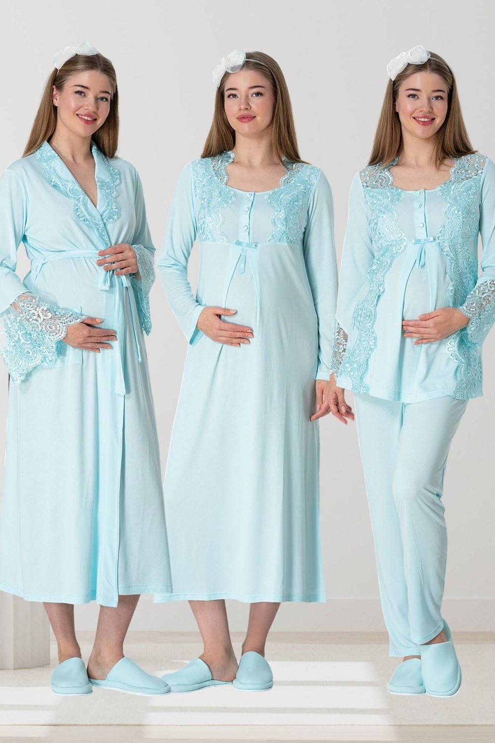 Mecit Pijama Mecit 5355 Turkuaz Lohusa Sabahlık Pijama Gecelik Takım