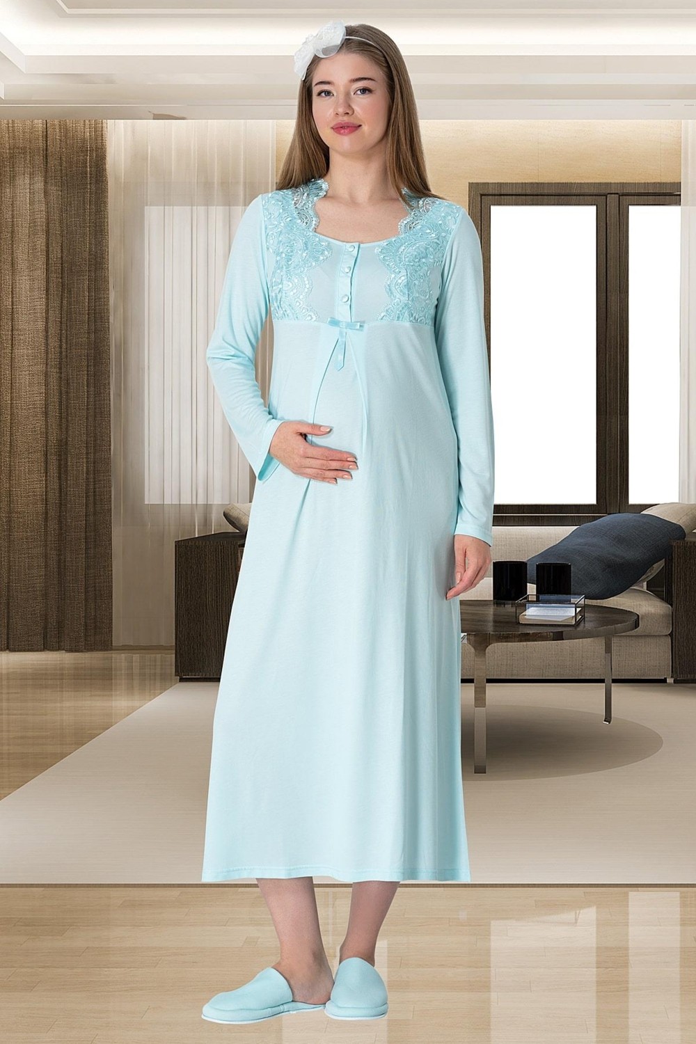 Mecit Pijama Mecit 5355 Turkuaz Lohusa Sabahlık Pijama Gecelik Takım görsel 2