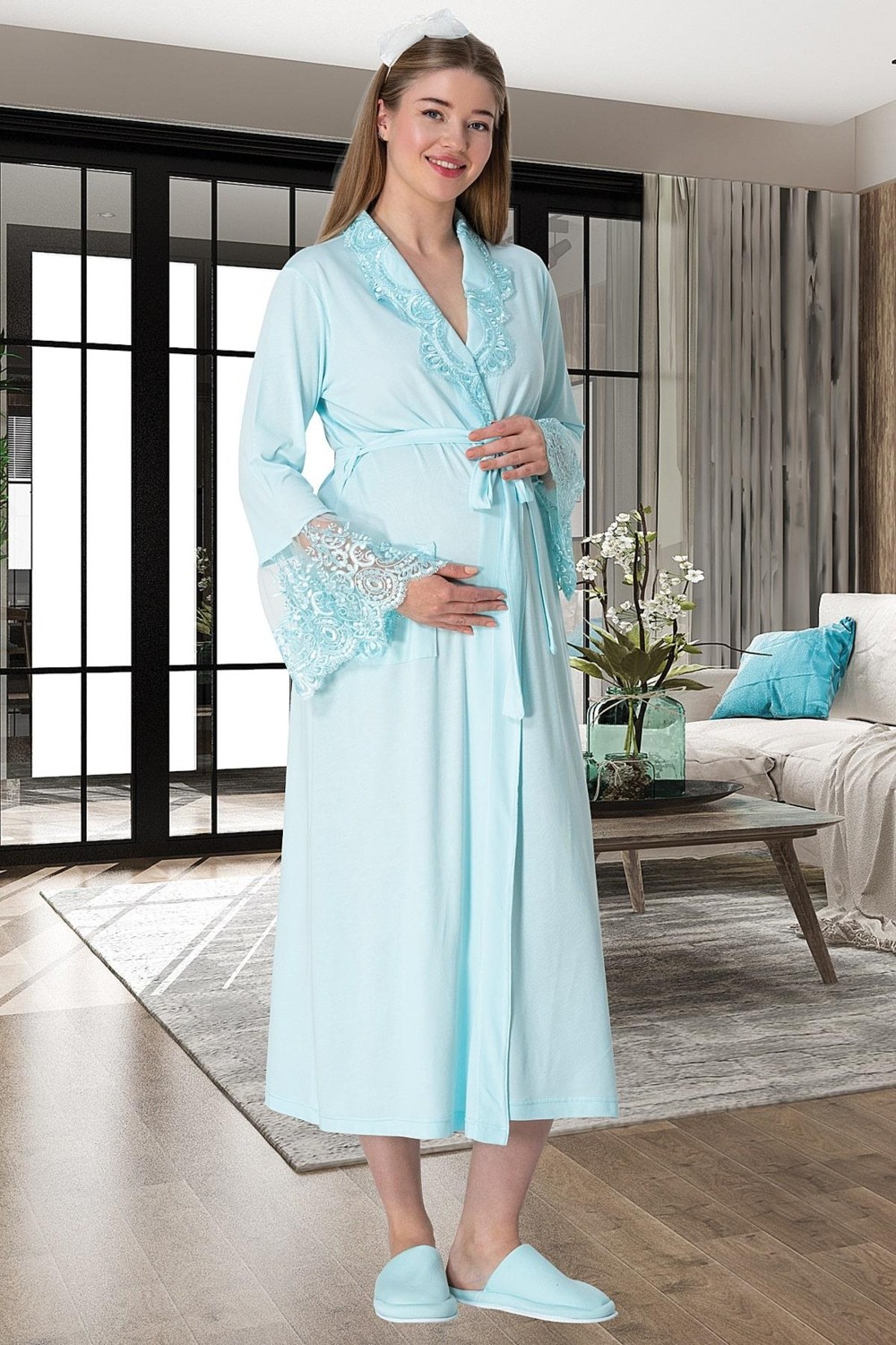 Mecit Pijama Mecit 5355 Turkuaz Lohusa Sabahlık Pijama Gecelik Takım görsel 3