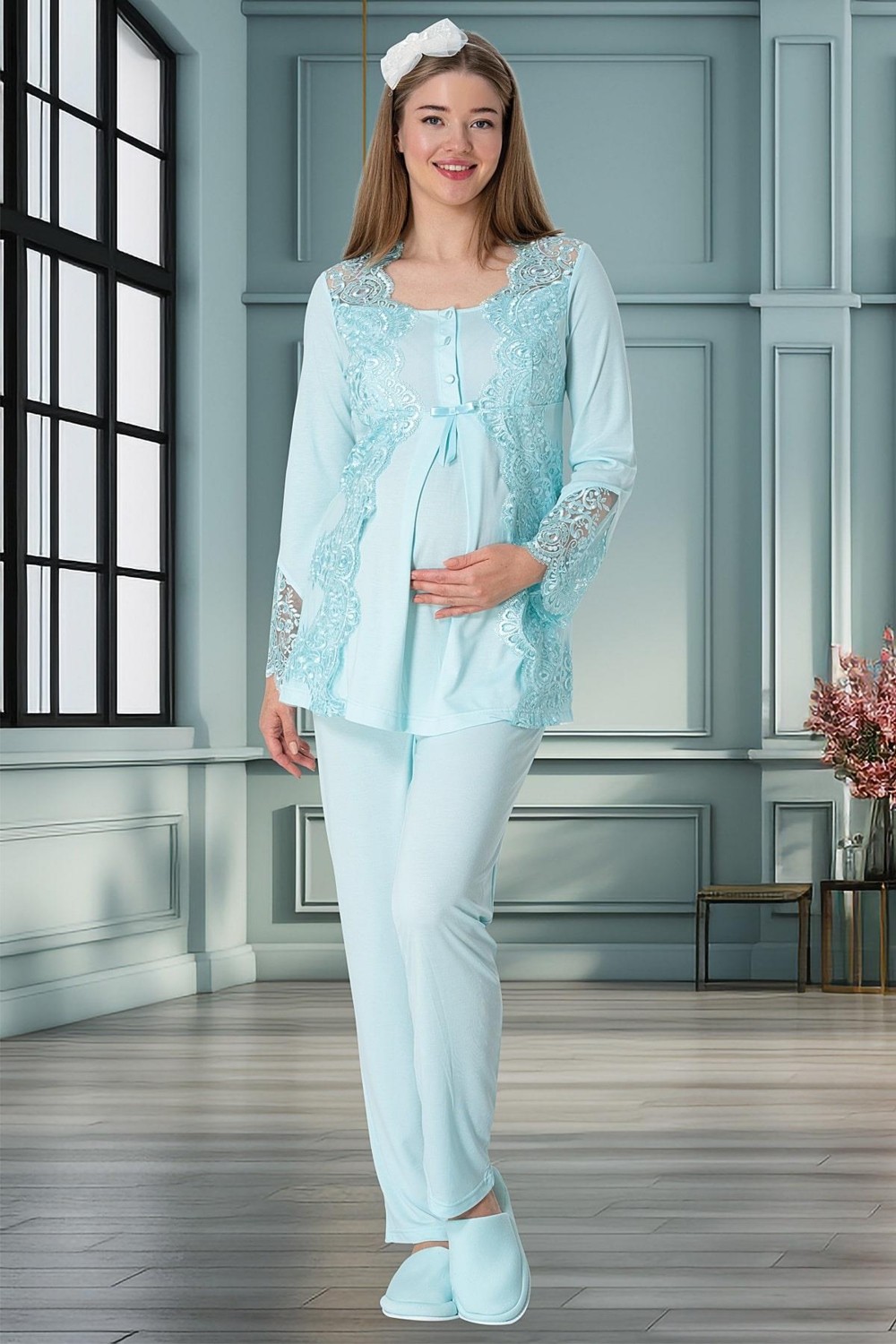 Mecit Pijama Mecit 5355 Turkuaz Lohusa Sabahlık Pijama Gecelik Takım görsel 4