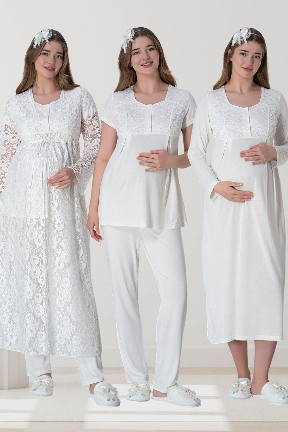 Mecit Pijama Mecit 6060 Ekru Dantel Sabahlıklı Gecelik Pijama Lohusa Set