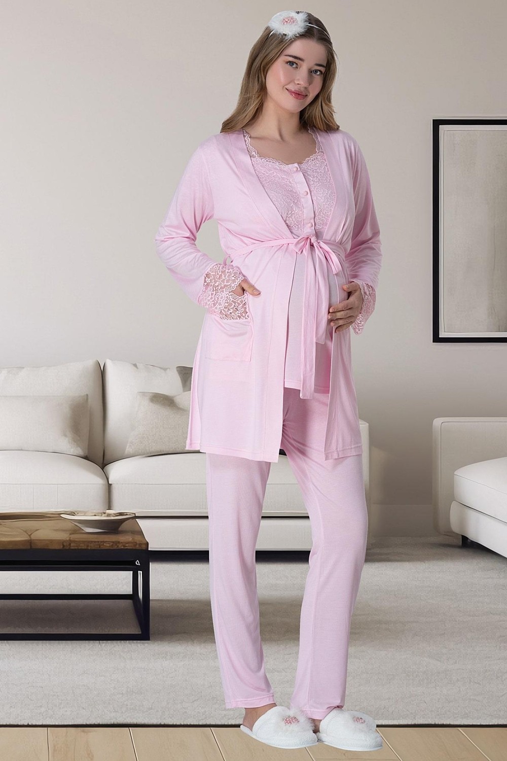 Mecit Pijama Mecit 6062 Pembe Sabahlıklı Gecelik Pijama Lohusa Set görsel 3