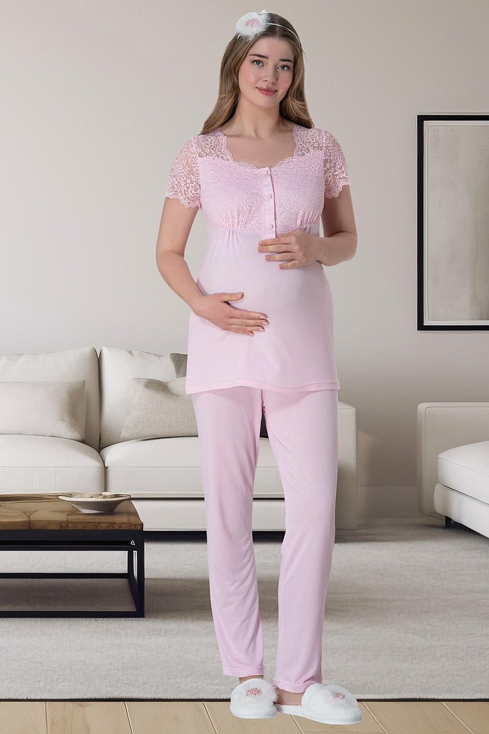 Mecit Pijama Mecit 6062 Pembe Sabahlıklı Gecelik Pijama Lohusa Set görsel 4