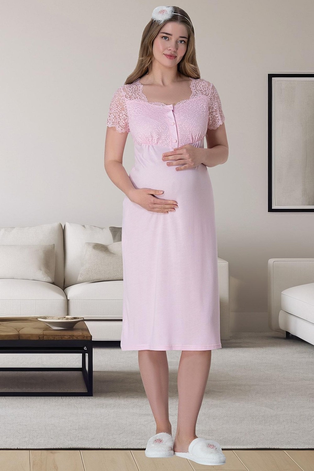 Mecit Pijama Mecit 6062 Pembe Sabahlıklı Gecelik Pijama Lohusa Set görsel 5