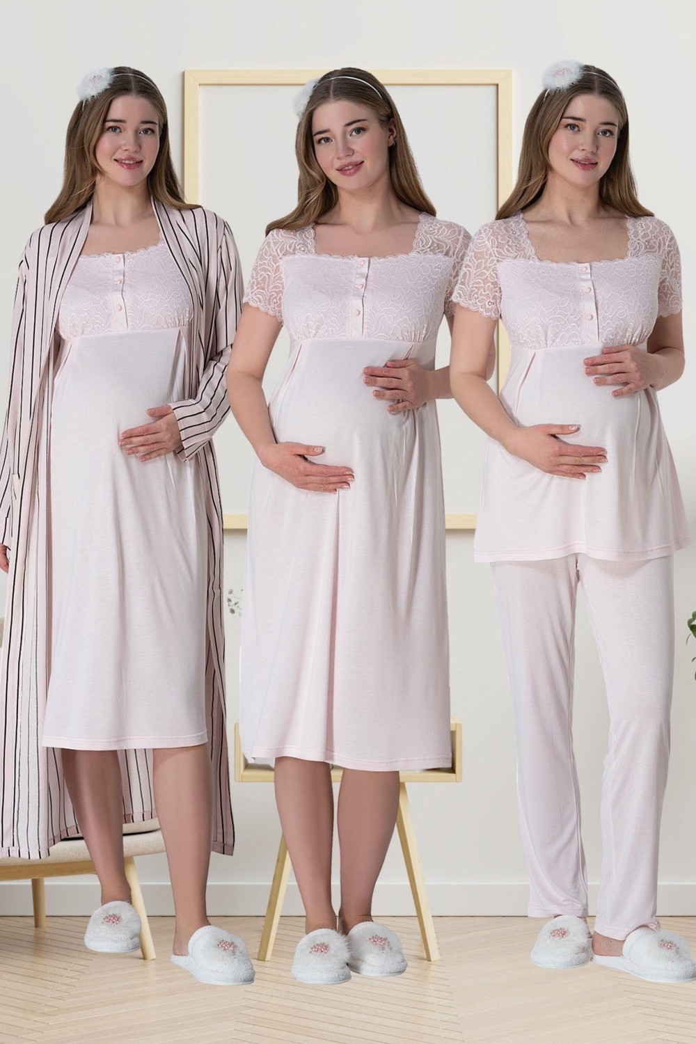 Mecit Pijama Mecit 6063 Pembe Çizgili Uzun Sabahlıklı Gecelik Pijama Lohusa Set
