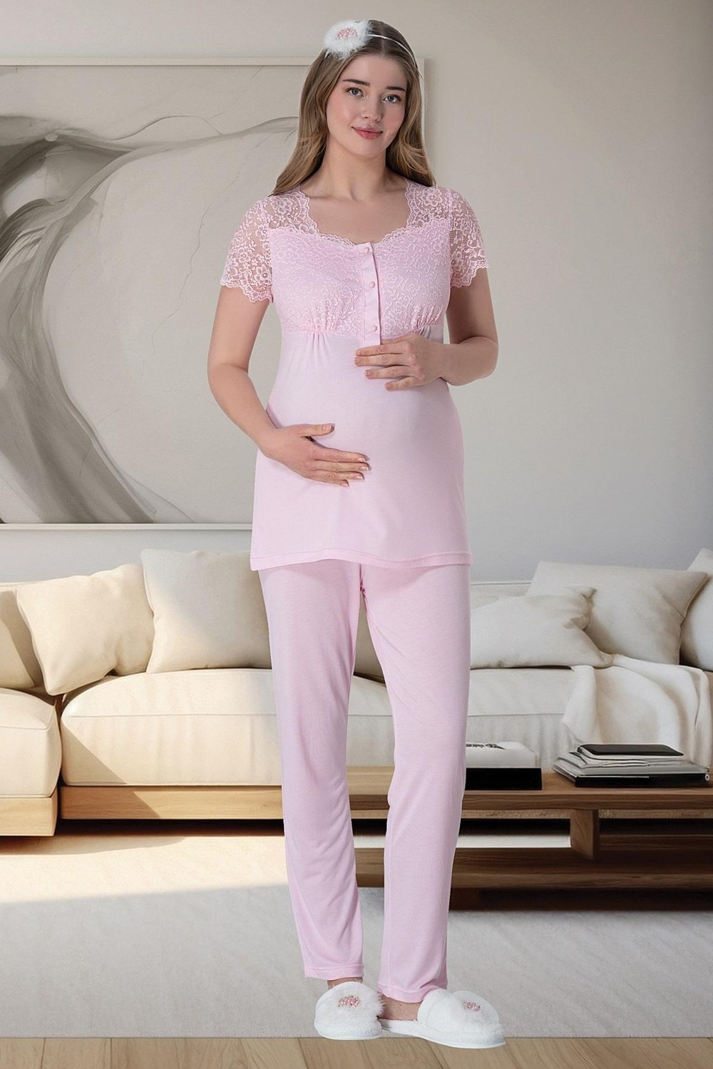 Mecit Pijama Mecit 6063 Pembe Çizgili Uzun Sabahlıklı Gecelik Pijama Lohusa Set görsel 4