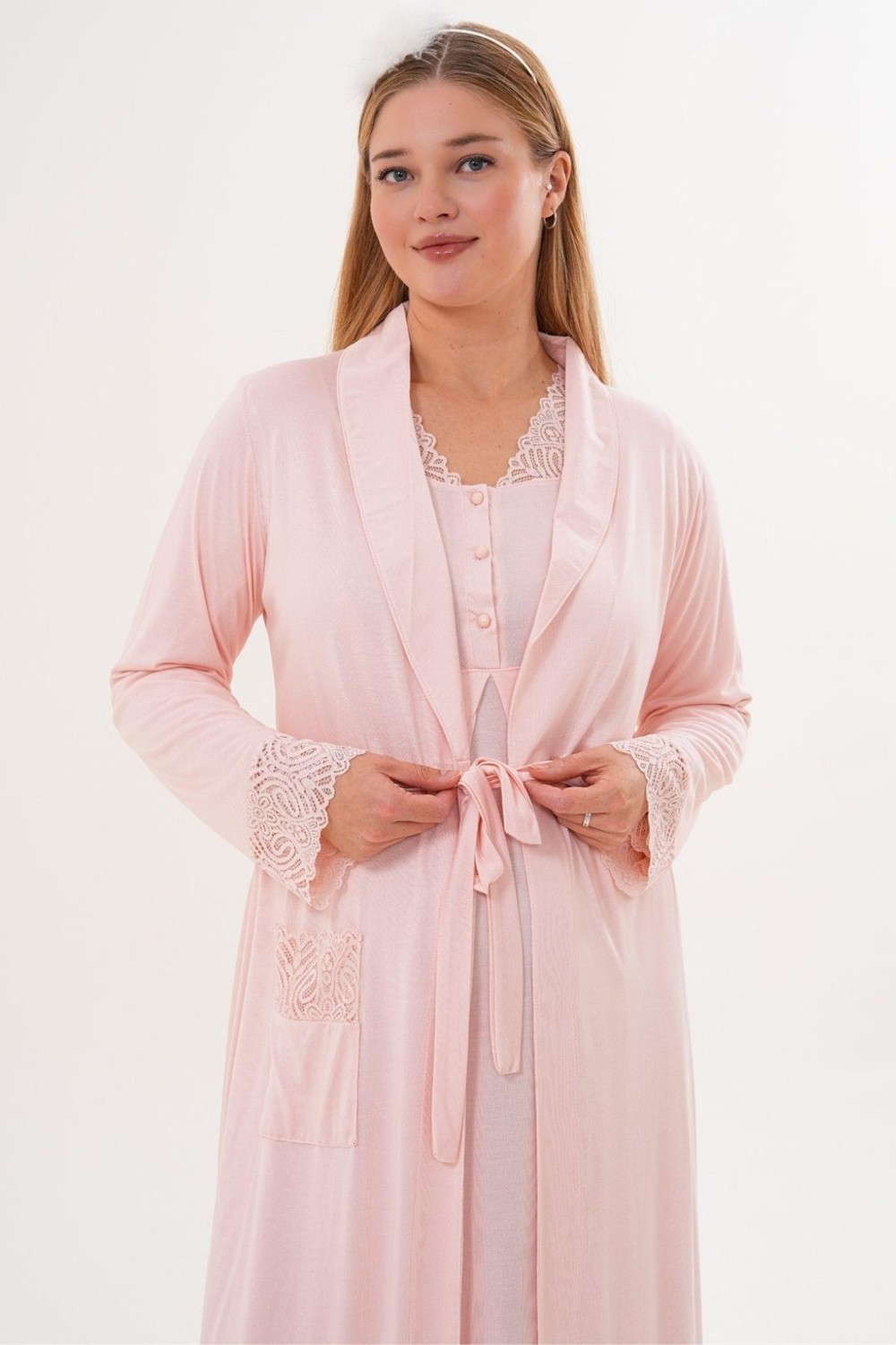 Mecit Pijama Mecit 6331 Pudra Sabahlıklı Lohusa Gecelik Takım görsel 2