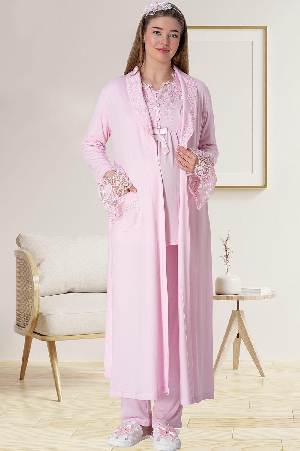 Mecit Pijama Mecit 5416 Pembe Uzun Sabahlıklı Lohusa Pjama Takımı