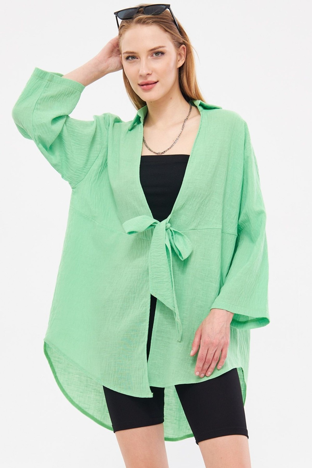 Armonika Kadın Siyah Keten Görünümlü Önden Bağlamalı Kimono Gömlek ARM-24Y001063 görsel 6
