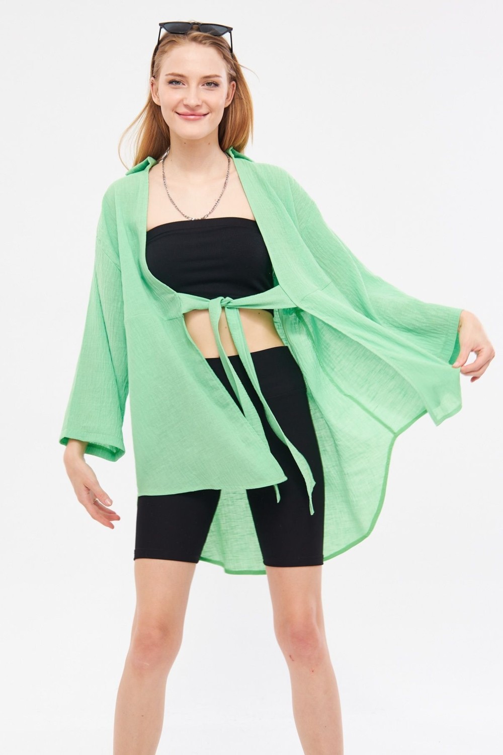 Armonika Kadın Siyah Keten Görünümlü Önden Bağlamalı Kimono Gömlek ARM-24Y001063 görsel 7
