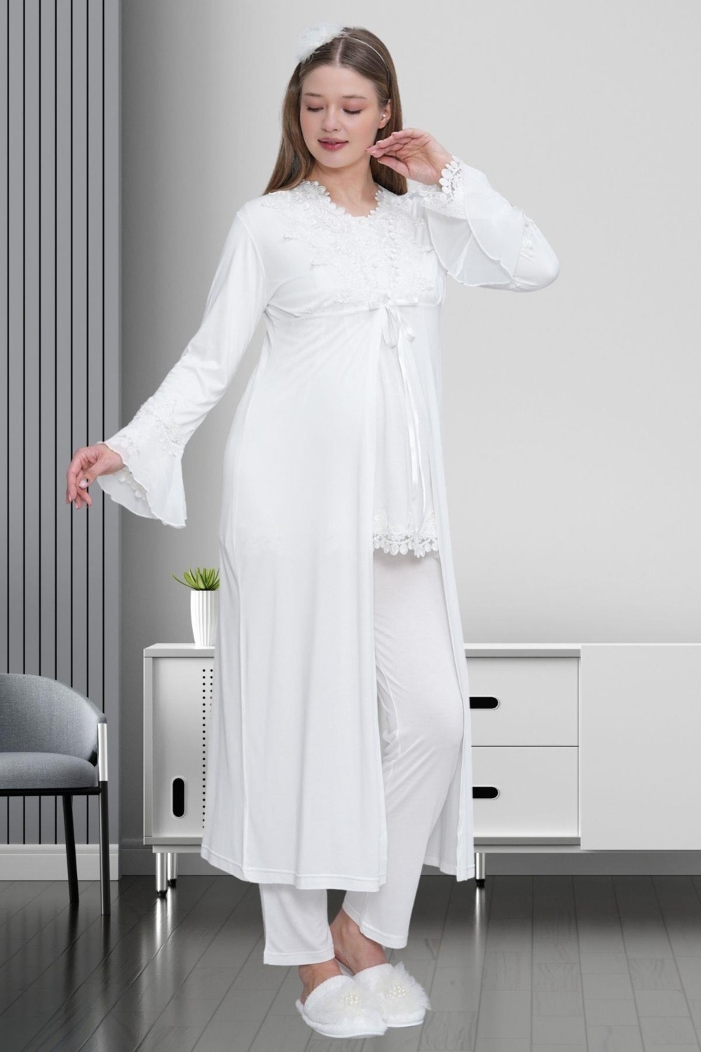 Mecit Pijama Mecit 1517 Ekru Sabahlıklı Lohusa Pijama Takımı
