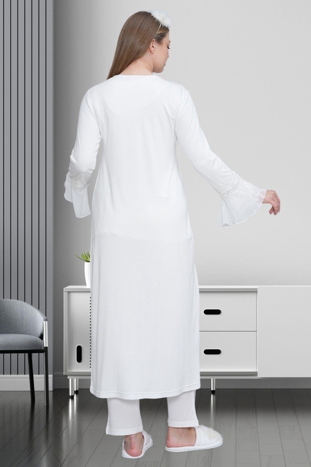 Mecit Pijama Mecit 1517 Ekru Sabahlıklı Lohusa Pijama Takımı görsel 2