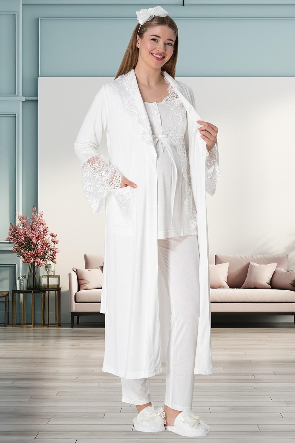 Mecit Pijama Mecit 5355 Ekru Lohusa Sabahlık Pijama Gecelik Takım görsel 2