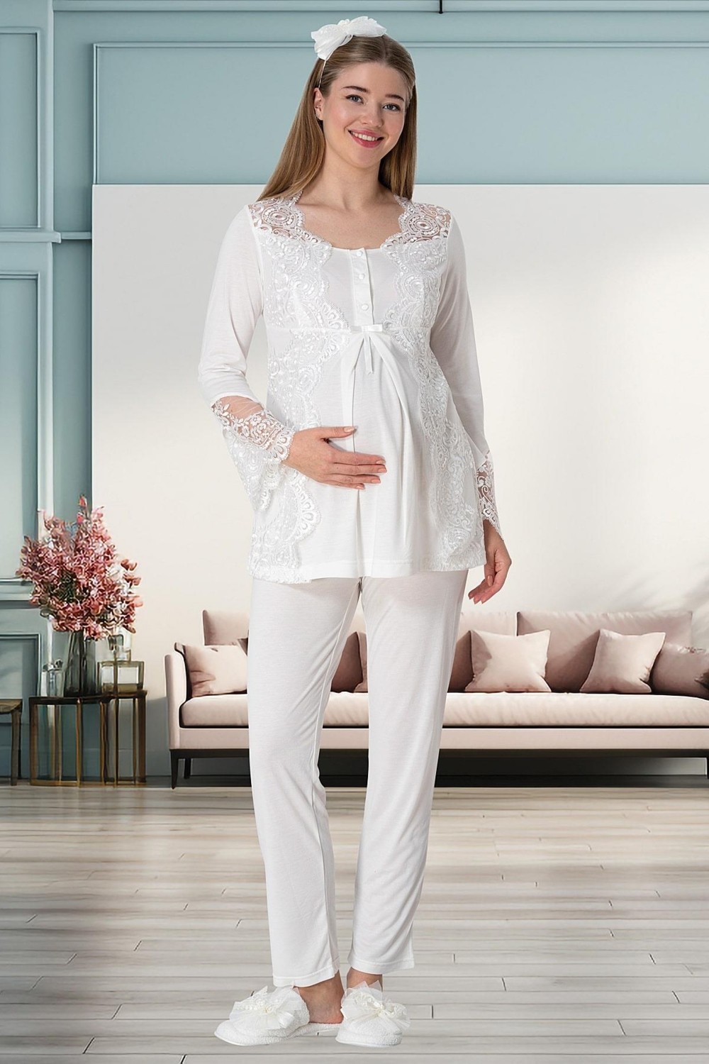 Mecit Pijama Mecit 5355 Ekru Lohusa Sabahlık Pijama Gecelik Takım görsel 3