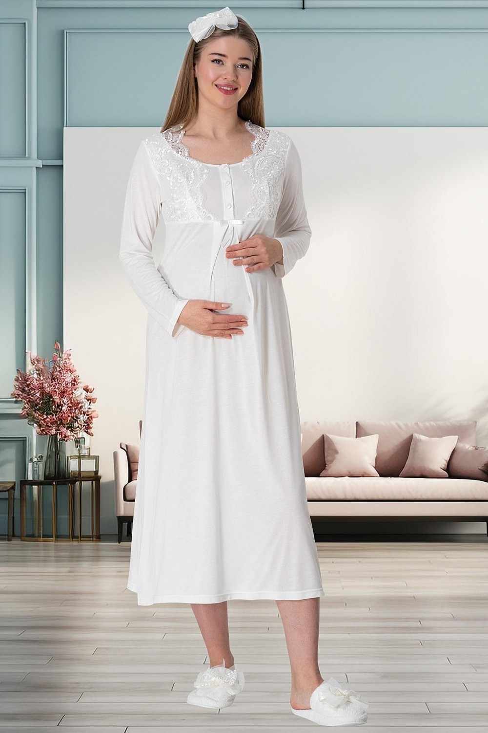Mecit Pijama Mecit 5355 Ekru Lohusa Sabahlık Pijama Gecelik Takım görsel 4