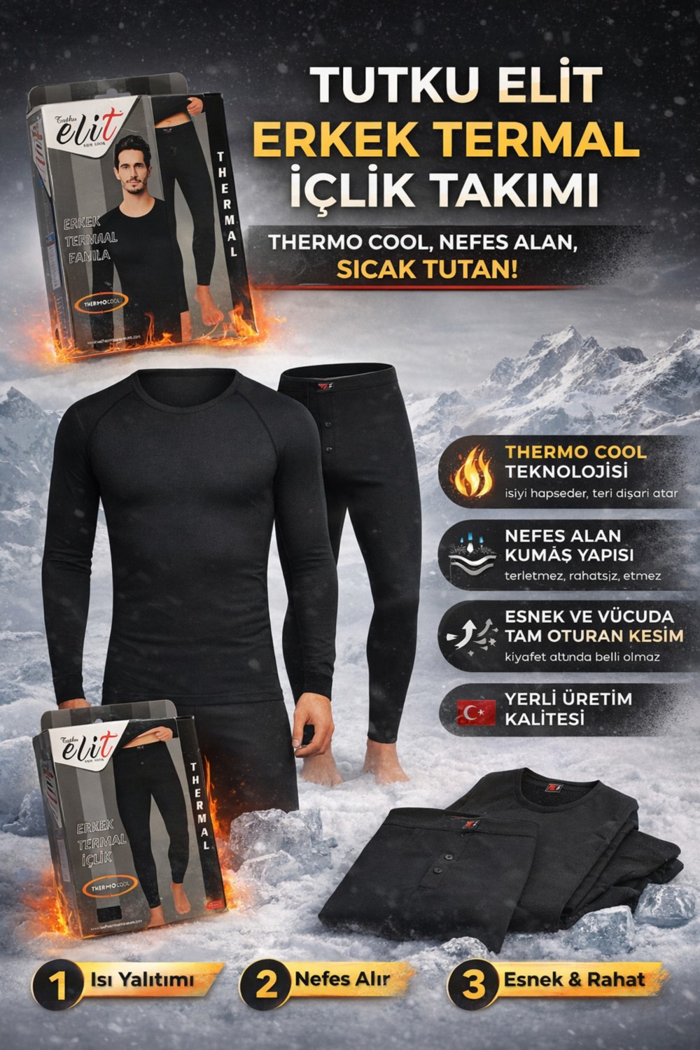 Tutku Elit Erkek Siyah Termal Içlik Takımı Alt Üst, Nefes Alan, Sıcak Tutan Thermo Cool Teknolojisi