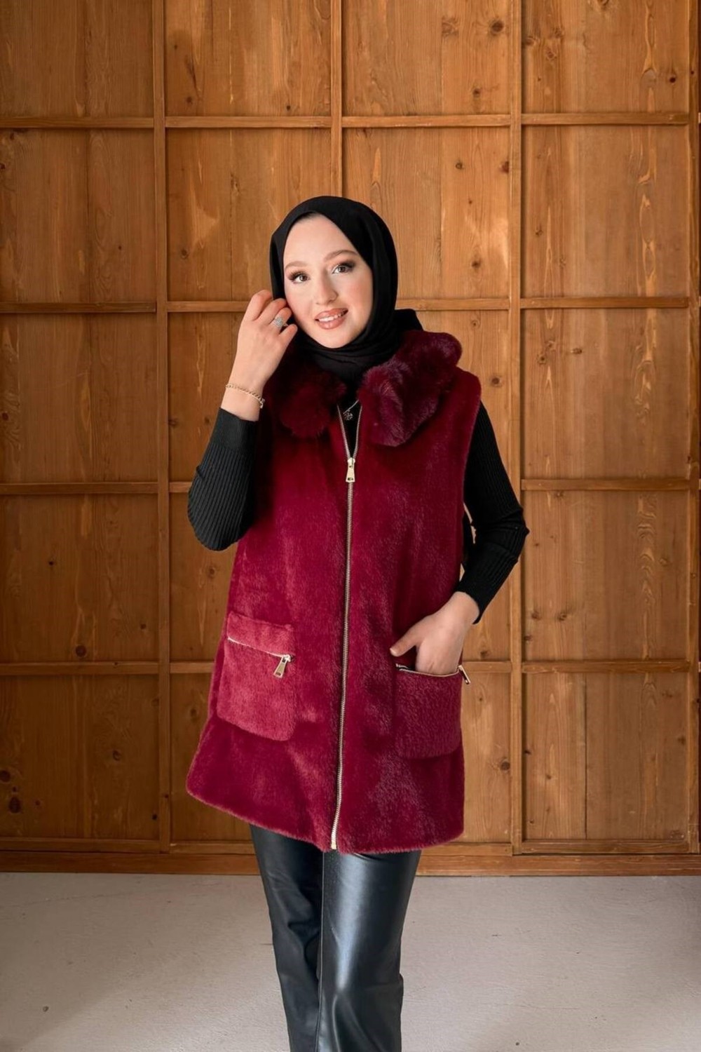 Molly Nelly Kadın Kürk Detaylı Fermuarlı Angora Yelek görsel 3