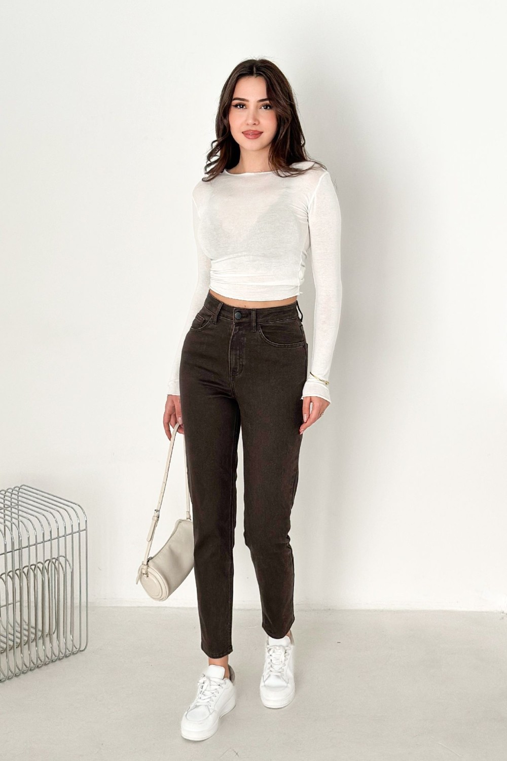Hlt Jeans Kahverengi Kadın Likralı Mom Jean Yüksek Bel Esnek Kot Pantolon ANNA-2074 görsel 2