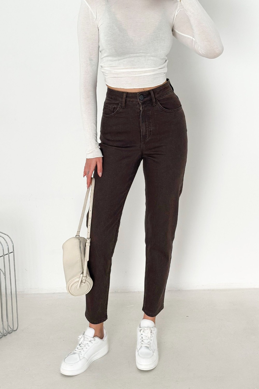 Hlt Jeans Kahverengi Kadın Likralı Mom Jean Yüksek Bel Esnek Kot Pantolon ANNA-2074 görsel 3