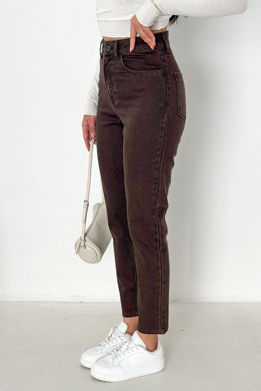Hlt Jeans Kahverengi Kadın Likralı Mom Jean Yüksek Bel Esnek Kot Pantolon ANNA-2074 görsel 4