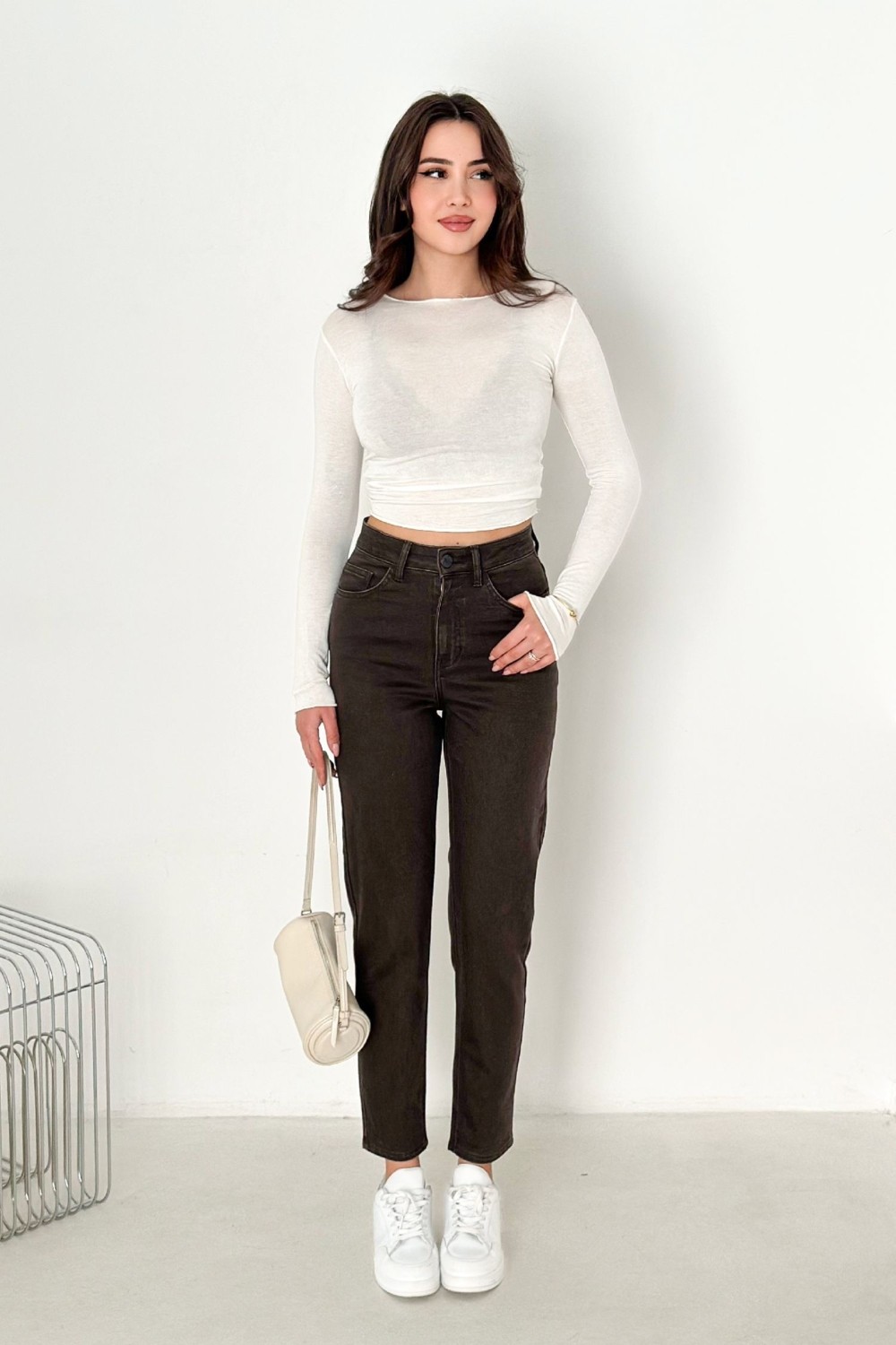Hlt Jeans Kahverengi Kadın Likralı Mom Jean Yüksek Bel Esnek Kot Pantolon ANNA-2074 görsel 5