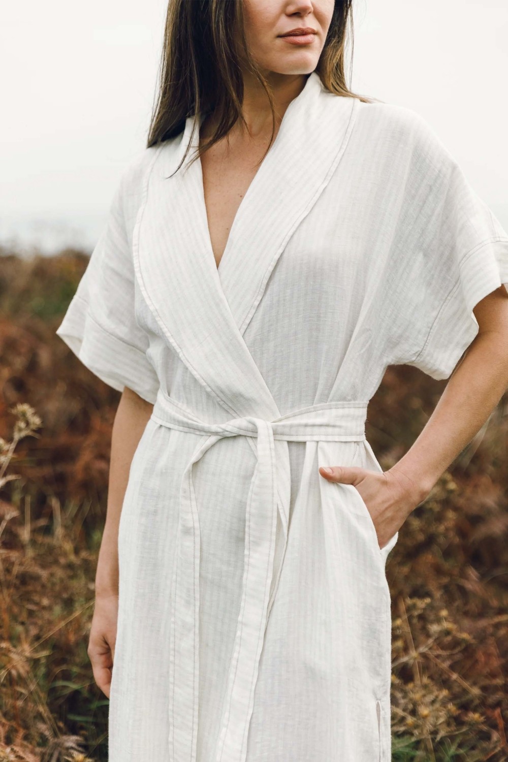 Jojomia Natura Kısa Kollu Şal Yaka Çizgili Kadın Sabahlık / Kimono görsel 2