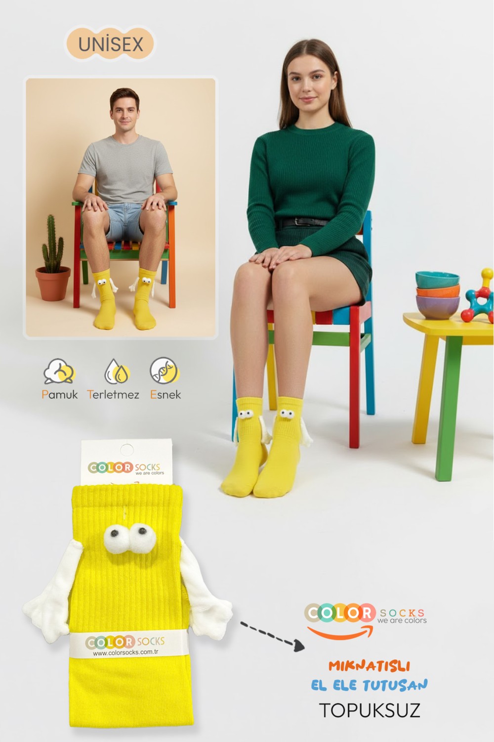 Color Socks Pembe El Ele Tutuşan Gözlü Mıknatıslı Soket Çorap Seti Düz Desenli Unisex