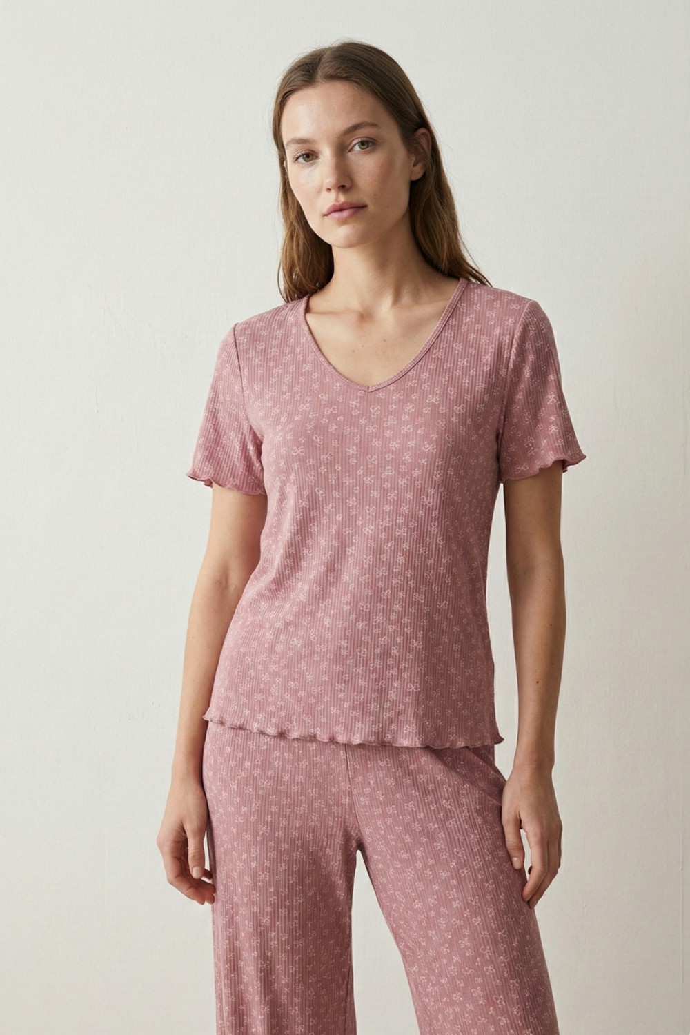 elemge Kadın Bambu Pamuk Pijama Takımı Gül Kurusu Fitilli Regular Fit Alt & Üst İnce Kısa Kol Lastkli Esnek
