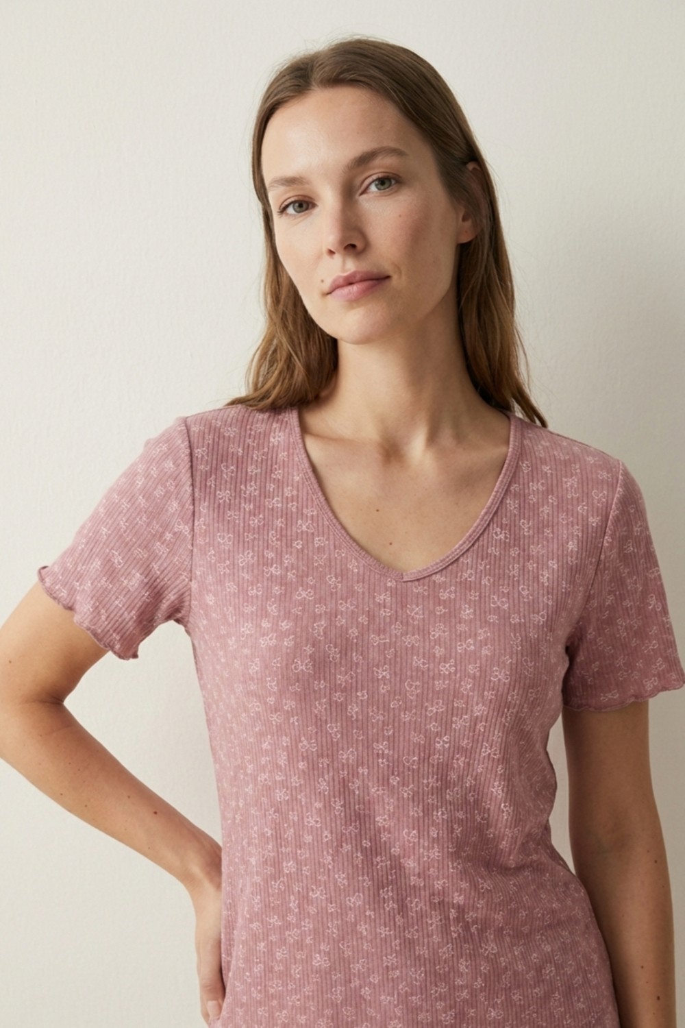 elemge Kadın Bambu Pamuk Pijama Takımı Gül Kurusu Fitilli Regular Fit Alt & Üst İnce Kısa Kol Lastkli Esnek görsel 2