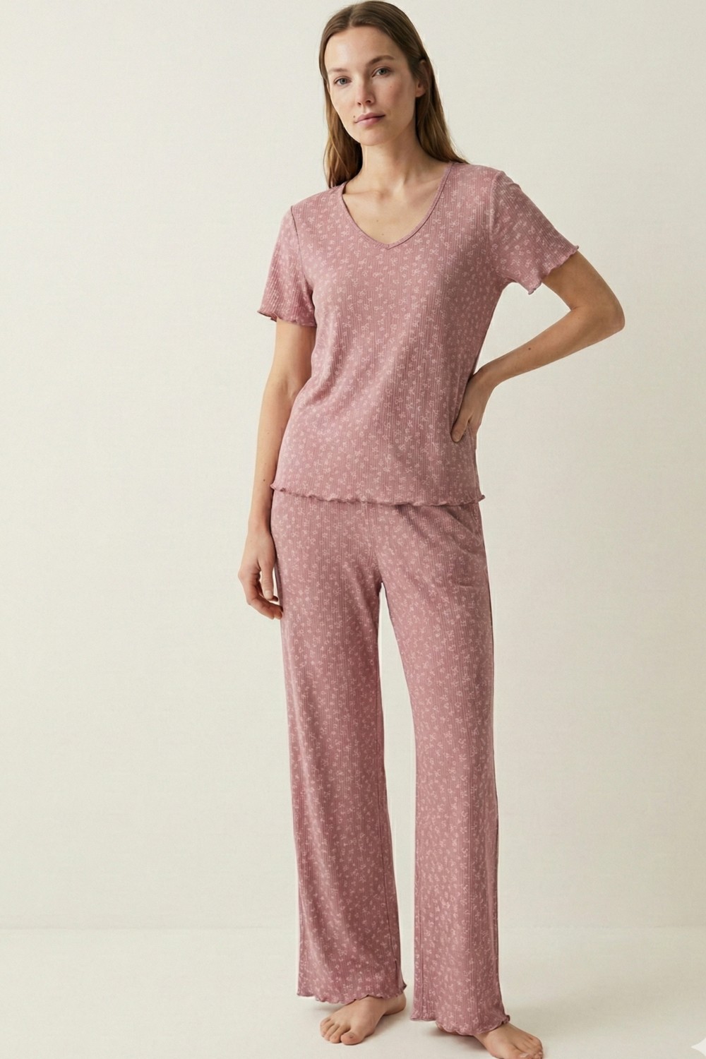 elemge Kadın Bambu Pamuk Pijama Takımı Gül Kurusu Fitilli Regular Fit Alt & Üst İnce Kısa Kol Lastkli Esnek görsel 3