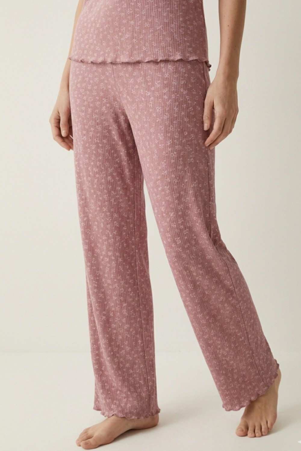 elemge Kadın Bambu Pamuk Pijama Takımı Gül Kurusu Fitilli Regular Fit Alt & Üst İnce Kısa Kol Lastkli Esnek görsel 4