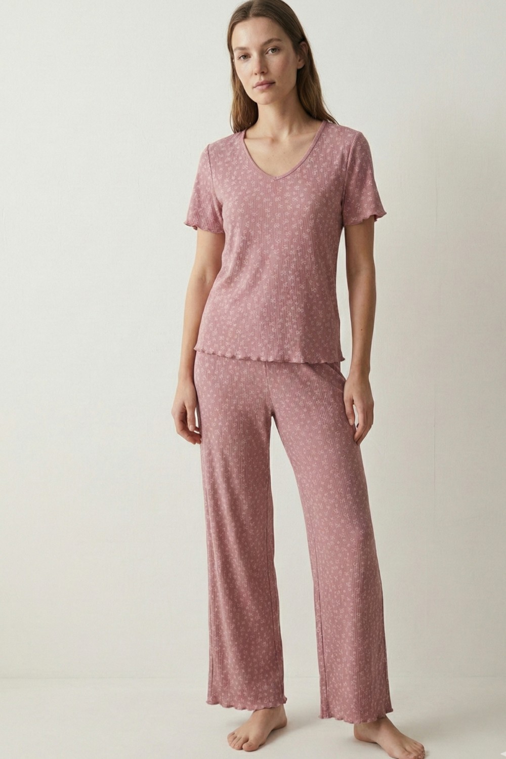 elemge Kadın Bambu Pamuk Pijama Takımı Gül Kurusu Fitilli Regular Fit Alt & Üst İnce Kısa Kol Lastkli Esnek görsel 5