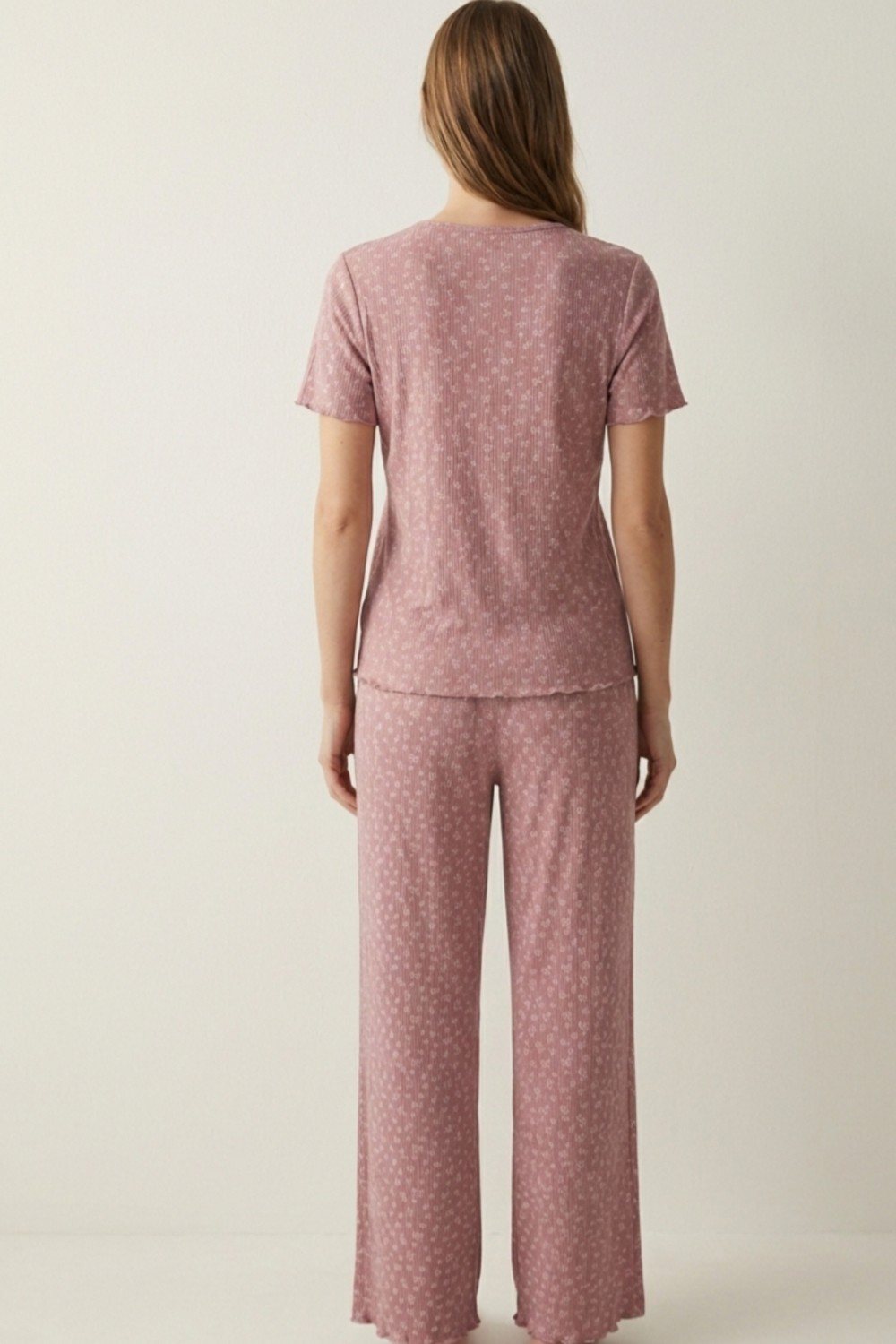 elemge Kadın Bambu Pamuk Pijama Takımı Gül Kurusu Fitilli Regular Fit Alt & Üst İnce Kısa Kol Lastkli Esnek görsel 6