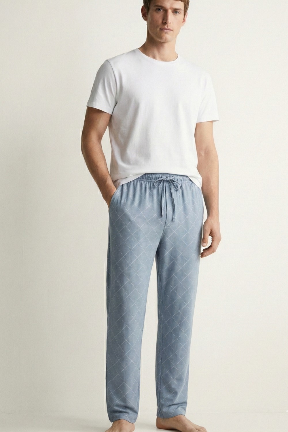 elemge Kareli Modal Elastan Erkek Pijama Altı Rahat Kalıp Regular Fit Cepli Ipli Esnek Mavi-Beyaz Ekoseli görsel 2