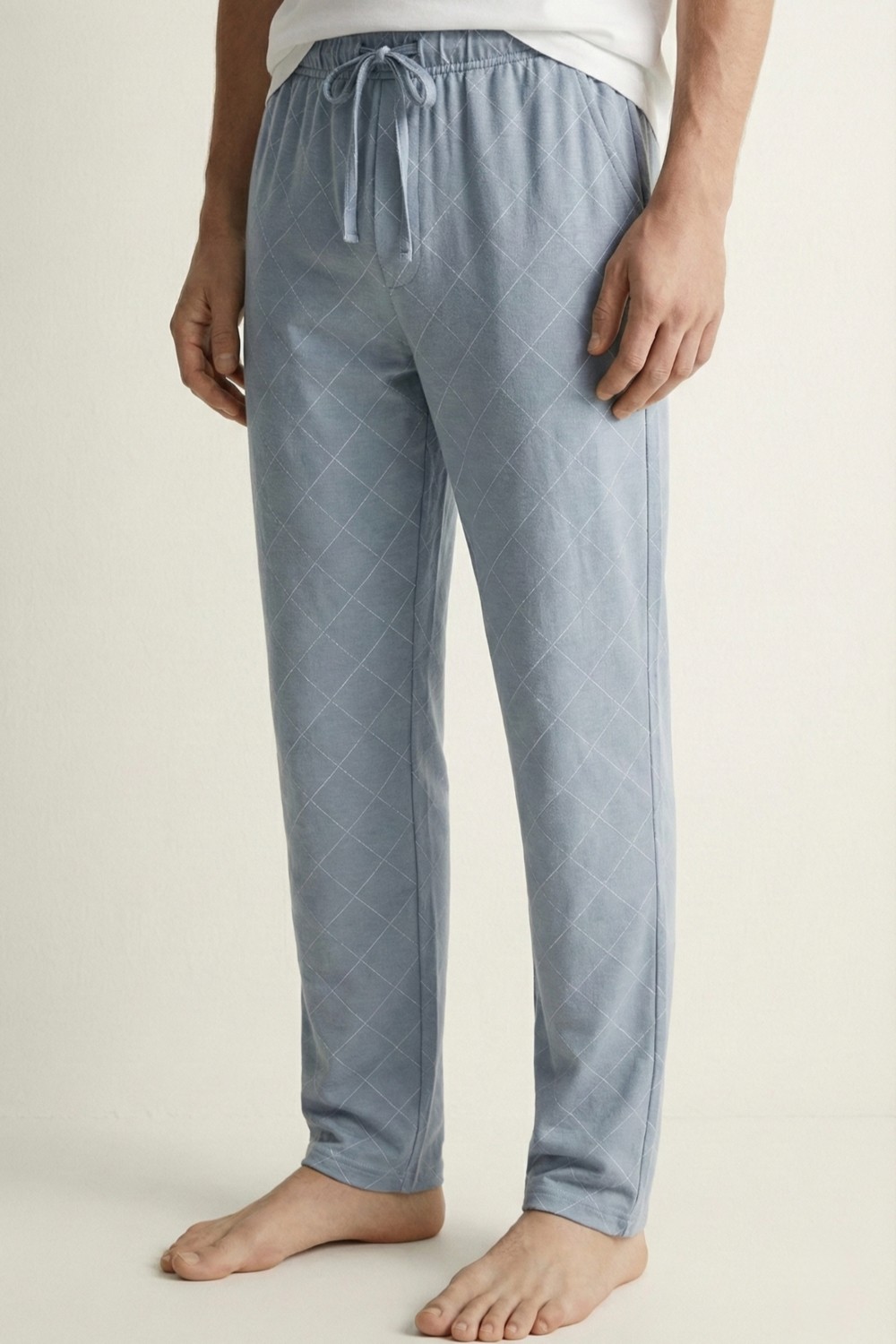 elemge Kareli Modal Elastan Erkek Pijama Altı Rahat Kalıp Regular Fit Cepli Ipli Esnek Mavi-Beyaz Ekoseli