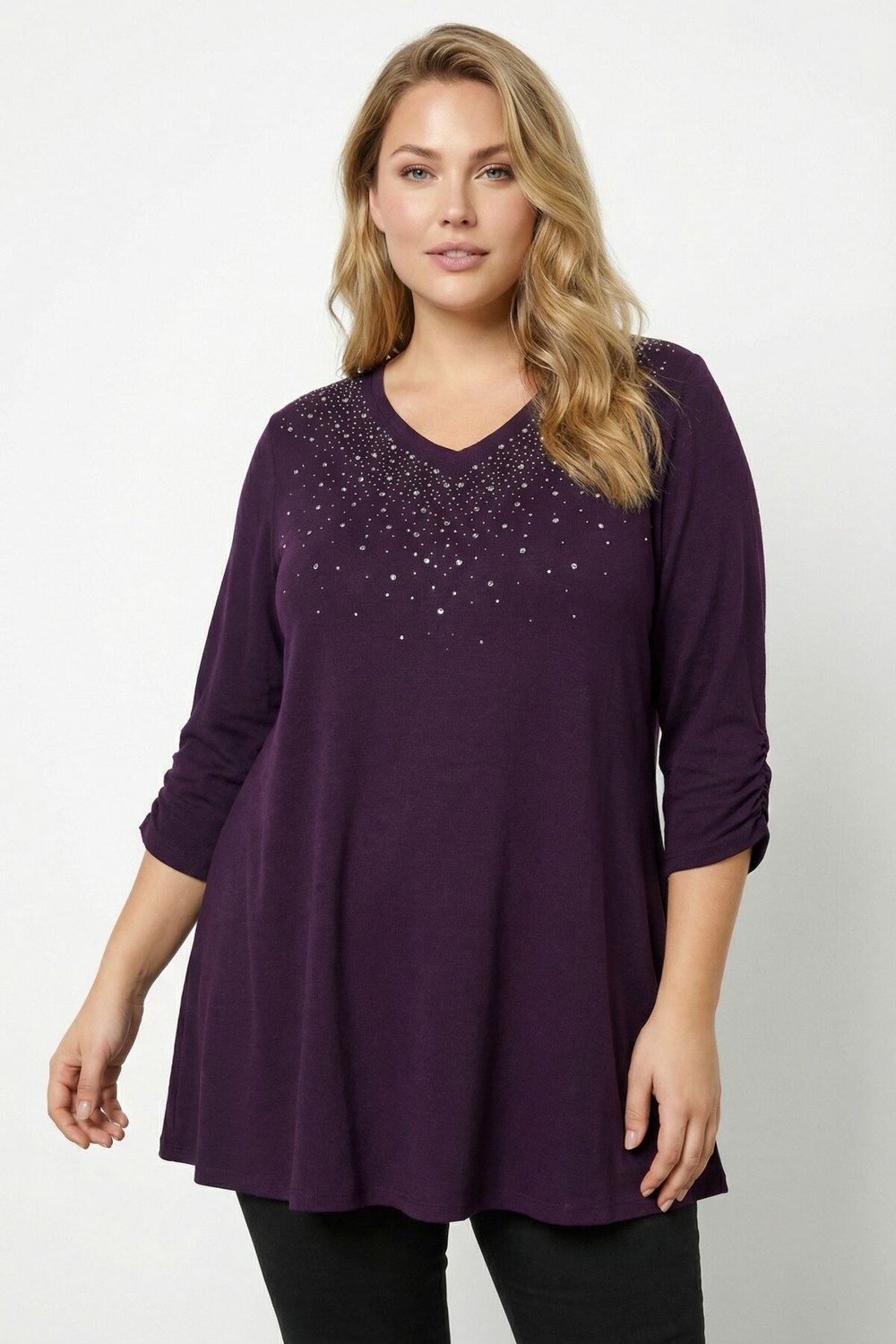 Stil Diva Büyük Beden Taş Işlemeli Kolu Büzgülü Mor Yumoş Bluz 285064