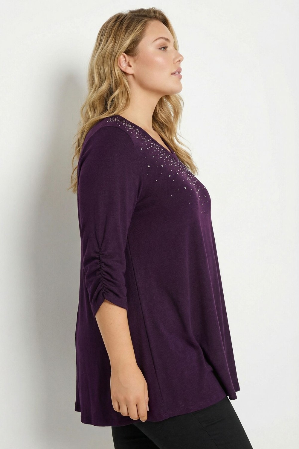 Stil Diva Büyük Beden Taş Işlemeli Kolu Büzgülü Mor Yumoş Bluz 285064 görsel 7
