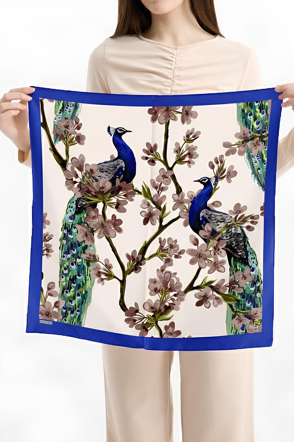 Hawwa Tavus Kuşu Desenli Çok Renkli Saten Fular Polyester Kumaş görsel 3